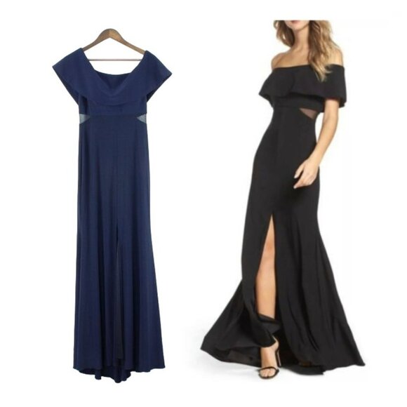 Xscape Jersey‎ Popover Off the Shoulder Cutout Gown Navy 8 - Picture 1 of 12